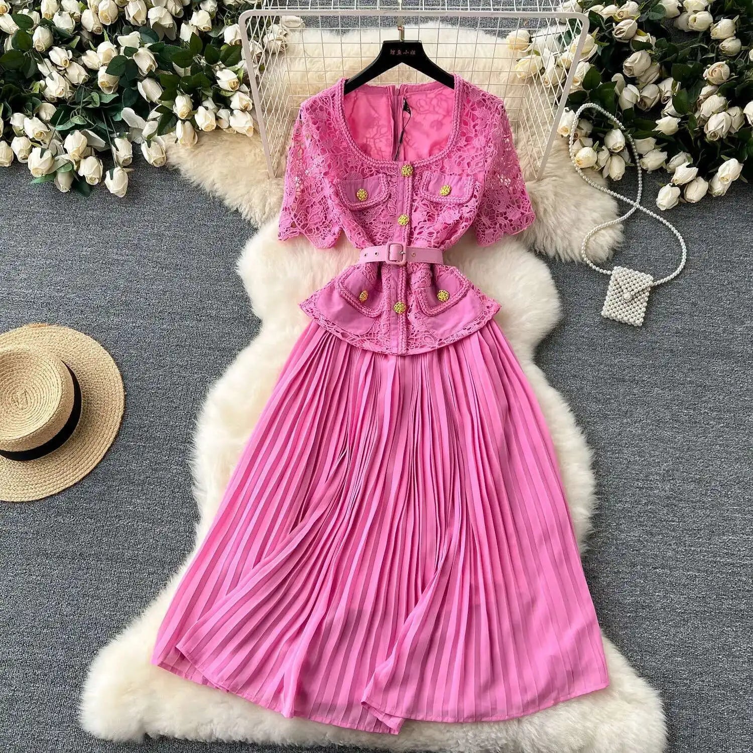 Designer 2025 Summer Pleated Chiffon Lace Long Dress Women Flower Embroidery Gold Button Belt Evening Party Dresses Wedding Robe Lootquake LLC