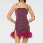 Sexy Sleeveless Hollow Irregular Long Dress Fashion Backless Slim Fit Party Dress Lady Elegant Feather Patchwork Suspender Dress