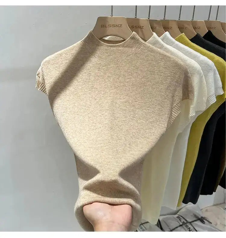 Half High Collar T-shirts Flying Sleeve Design Slim Knitted Sleeveless Top Women Simple Comfortable White T-shirts Summer 2025