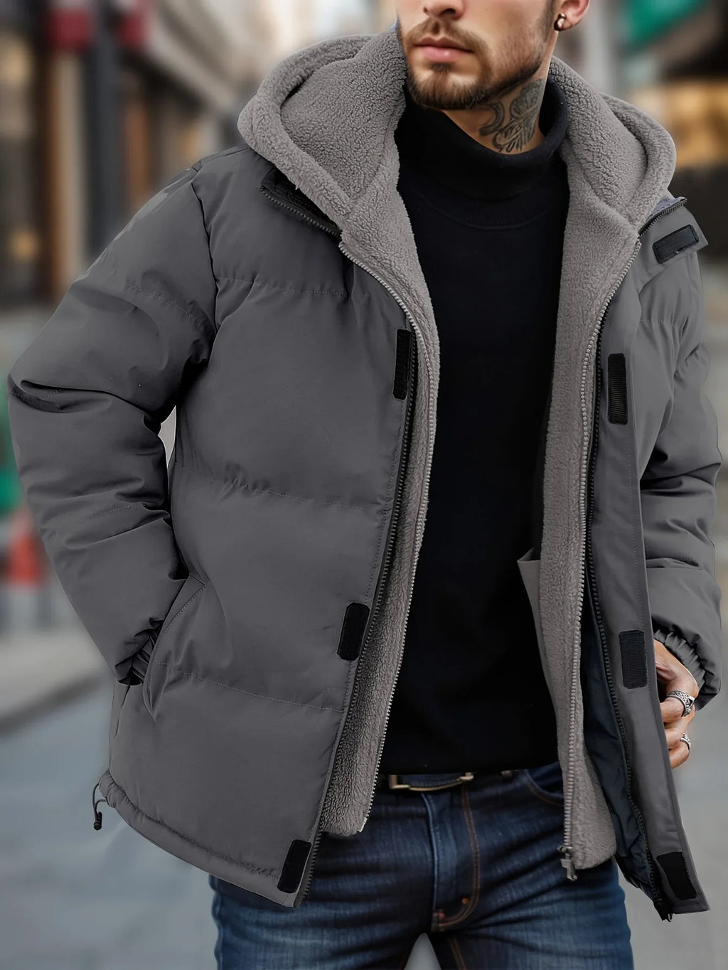 Winter Windproof Men's Faux Jacket Casual Polyester Coat with Detachable Hood Zip-Up Front Long Sleeves & Pockets Winter Clothes Pi-Mart