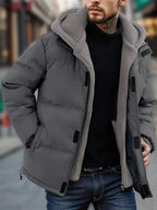 Winter Windproof Men's Faux Jacket Casual Polyester Coat with Detachable Hood Zip-Up Front Long Sleeves & Pockets Winter Clothes Pi-Mart