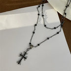 Summer Black Rhinestone Cross Jesus Pendant Choker Necklace for Women Punk Vintage Double Layers Chain 2024 Neck Boho Jewelry