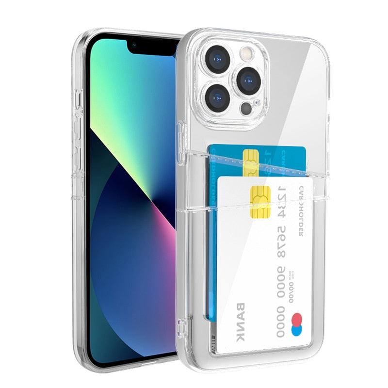 Transparent Shockproof Dual Card Slot Holder Phone Case For iPhone 13 12 11 Pro Max XR X XS Max 7 8 Plus 14Pro Wallet Transparent Soft Cover Card Storage Bumper Case For iPhone Stevvex
