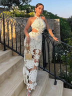 Fashion Hollow Out Halter Maxi Dress For Women 2024 Sexy Sleeveless Backless Long Dress Holiday Hook Flower Knitted Beach Robe