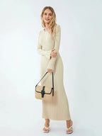 Women Spring Autumn Lace-up Knit Dress Elegant Long Sleeve Crew Neck Ribbed Solid Color Long Dress Streetwear