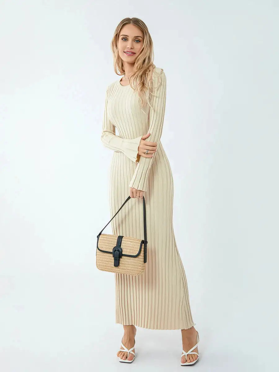 Women Spring Autumn Lace-up Knit Dress Elegant Long Sleeve Crew Neck Ribbed Solid Color Long Dress Streetwear