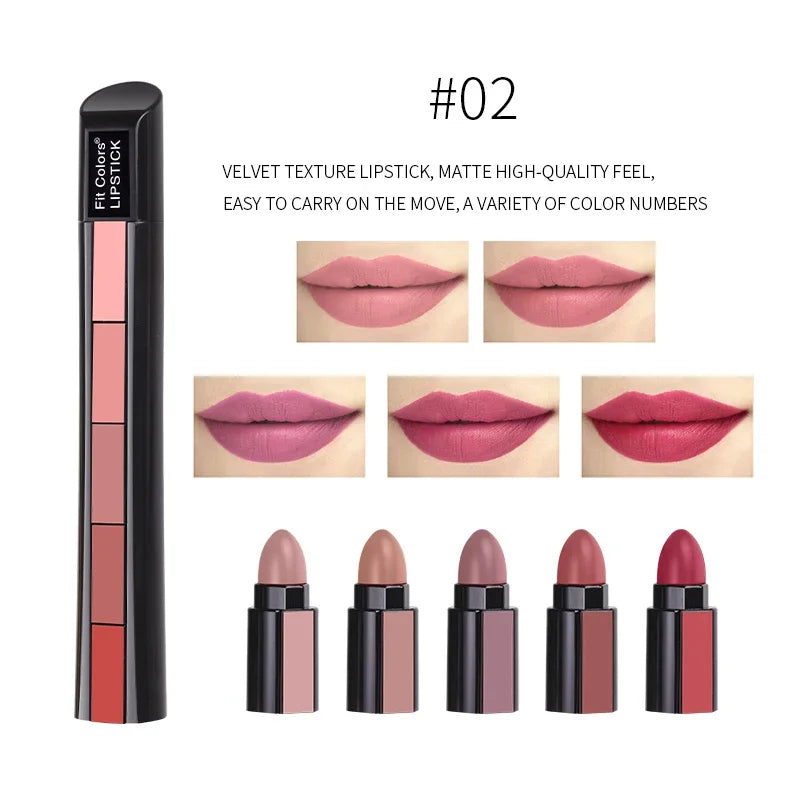 5 in 1 Lipstick Set Lightweight Matte Velvet Long Lasting Combination Lipstick Nourish Moisturizing Professional Lipliner Makeup Lootquake LLC