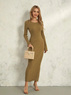 Women Spring Autumn Lace-up Knit Dress Elegant Long Sleeve Crew Neck Ribbed Solid Color Long Dress Streetwear