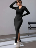 2024 Spring/Summer Knitted Dress Slim Fit Fashion Casual Women's Lapel Long sleeved Dress Concave Stripe Solid Color Long Dress