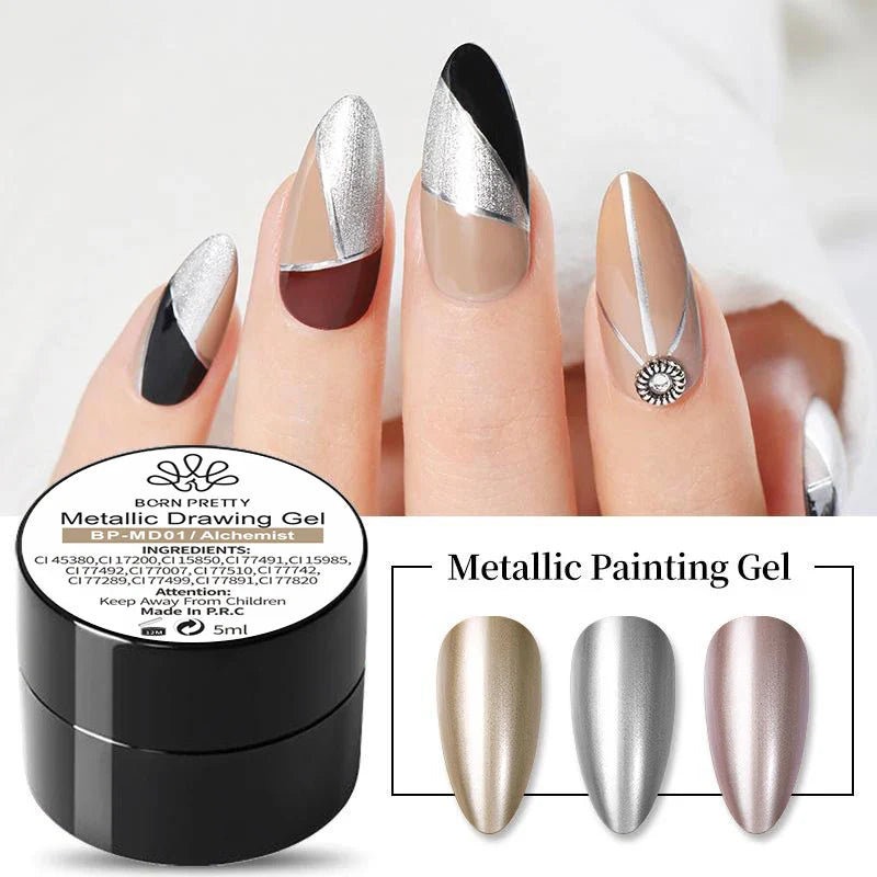 BORN PRETTY Metallic Painting Gel Gold Silver Mirror Effect Nail Polish Super Bright Drawing Line French Nail UV Painting Varnis Lootquake LLC