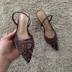 2026 String Bead Mesh Embroider Slingback High Heels Women Sexy Pointed Toe Heeled Sandals Summer Elegant Luxury Designer Shoes