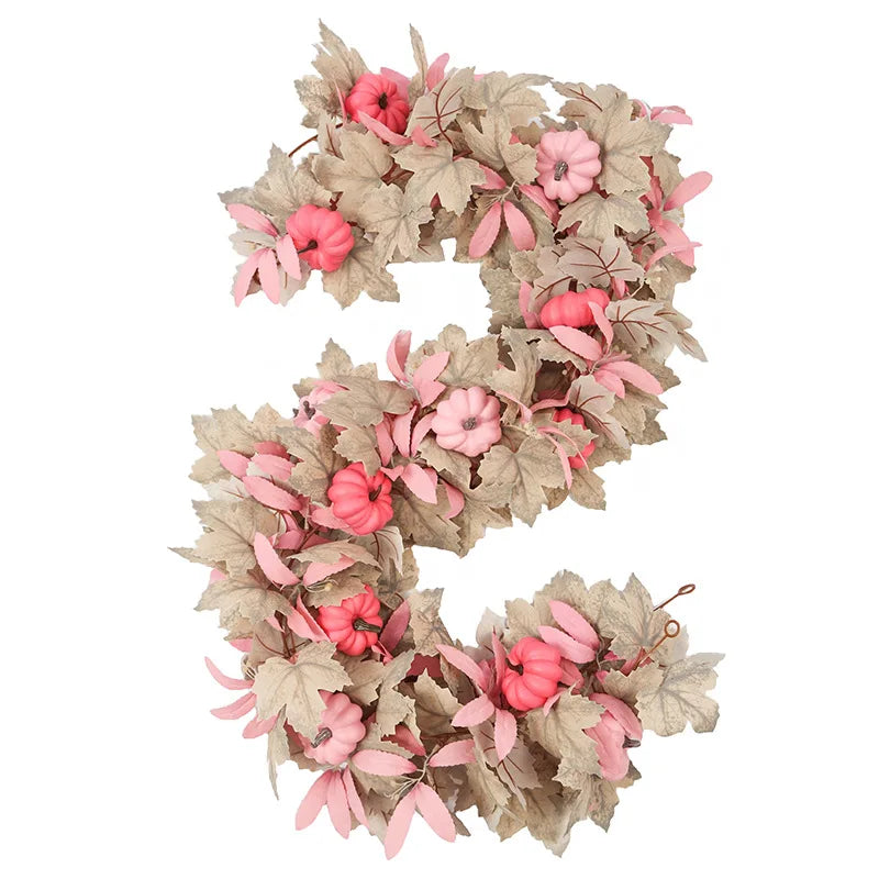 Halloween Thanksgiving Pink Decorations Artificial Fall Maple Leaves Garland Autumn Hanging Pink Pumpkins Flowers Berries Rattan Lootquake LLC