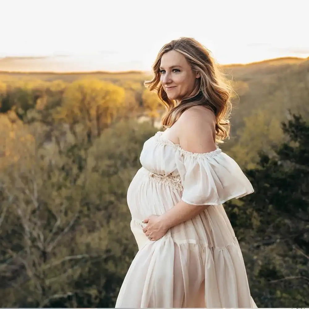 Maternity Dress For Photoshoot Pregnancy Off Shoulder Ruffled Semi Transparent Chiffon Long Dress Photography Dress For Women