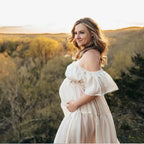 Maternity Dress For Photoshoot Pregnancy Off Shoulder Ruffled Semi Transparent Chiffon Long Dress Photography Dress For Women