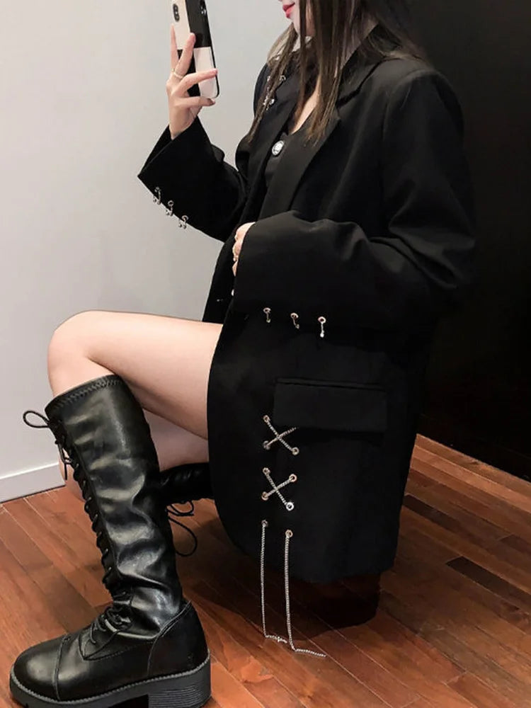 KOSAHIKI Harajuku Women Jackets Black Gothic Punk Hip Hop Solid Vintage Blazer Coats  Chic Chain Loose Jacket Streetwear Lootquake LLC