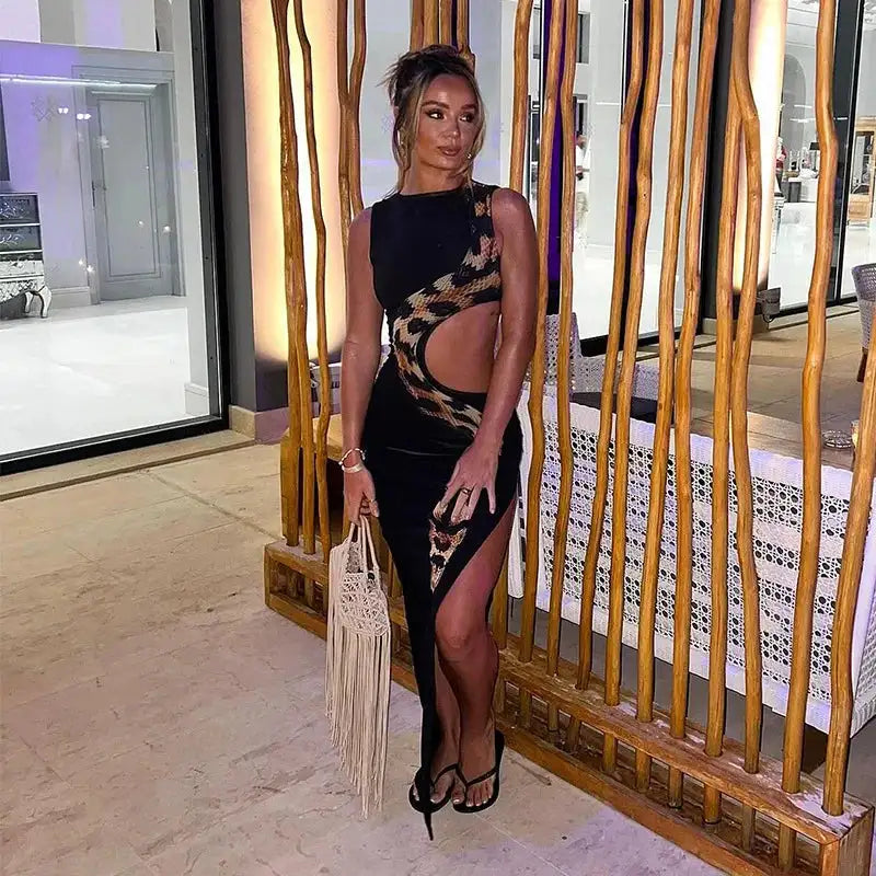 Tossy Python Printed Hollow Out Maxi Dress Female Slim Sexy Side Split Sleeveless Contrast Summer Party Dress Women's Long Dress