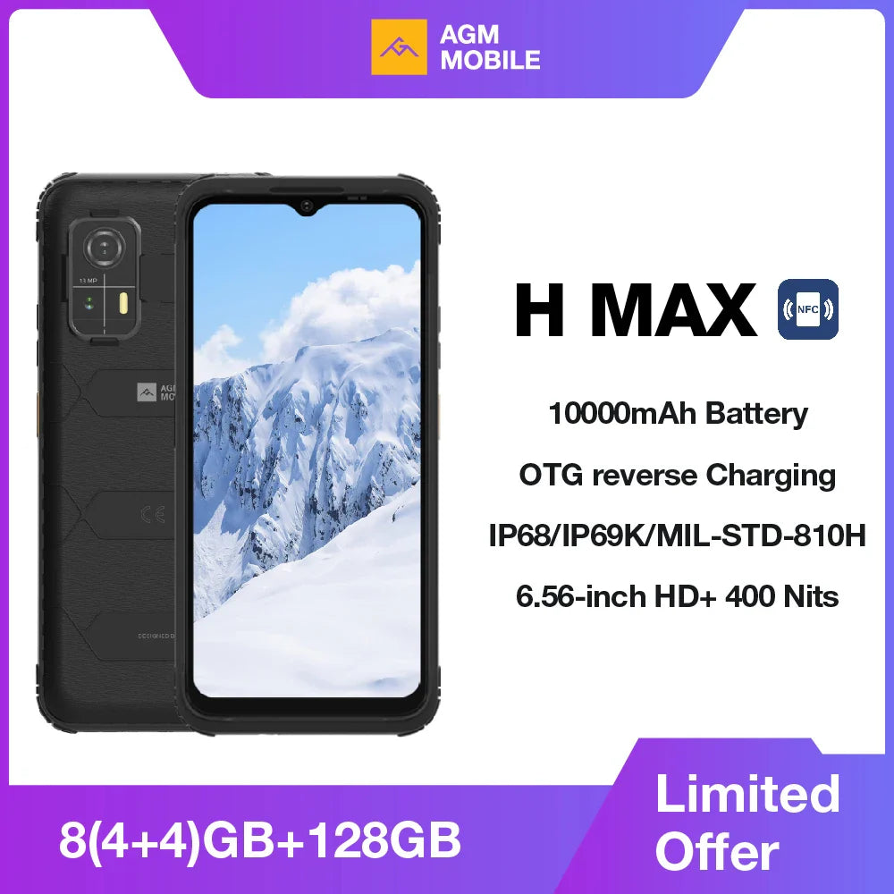 [World Premiere]AGM H MAX Rugged Smartphone 10000mAh Battery 4+128GB HD+ Display 3 Card Slot NFC OTG Reverse Charge Waterproof Lootquake LLC