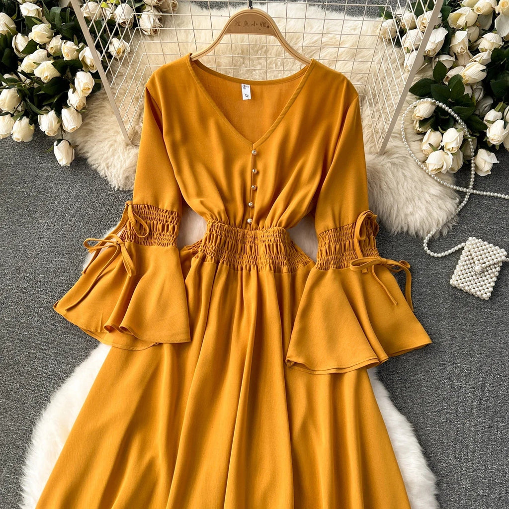 Purple/Green/Red Pleated Maxi Long Dress Women Vintage V-Neck Flare Sleeve Draped Ruffle Vestido Female Maxi Robe Summer Lootquake LLC