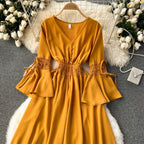 Purple/Green/Red Pleated Maxi Long Dress Women Vintage V-Neck Flare Sleeve Draped Ruffle Vestido Female Maxi Robe Summer Lootquake LLC