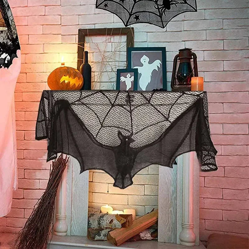 Halloween Decoration Bats Tablecloth Black Lace Spider Web Curtains for Lampshade Fireplace Halloween Party Decor Horror Props