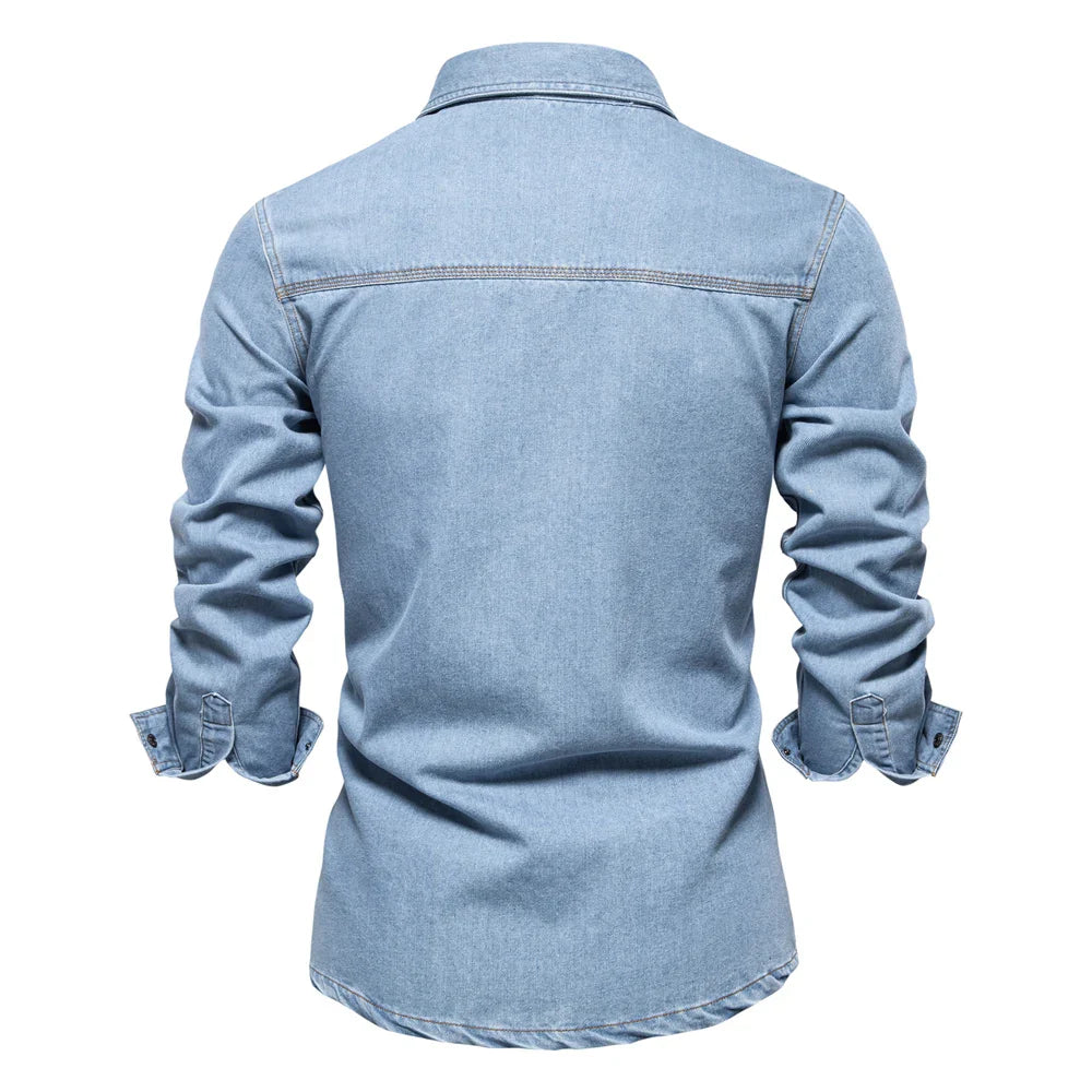 AIOPESON Brand New Mens 100% Cotton Denim Shirts Double Pocket Casual Cowboy Mens Shirts Long Sleeve Autumn Jeans Shirts for Men Lootquake LLC
