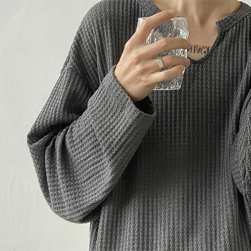 Men's Retro Loose Lazy Stylish Long Sleeve T-Shirt Casual O Neck Solid Exposed Clavicle Tops Breathable Basic Shirt 2025 New Lootquake LLC