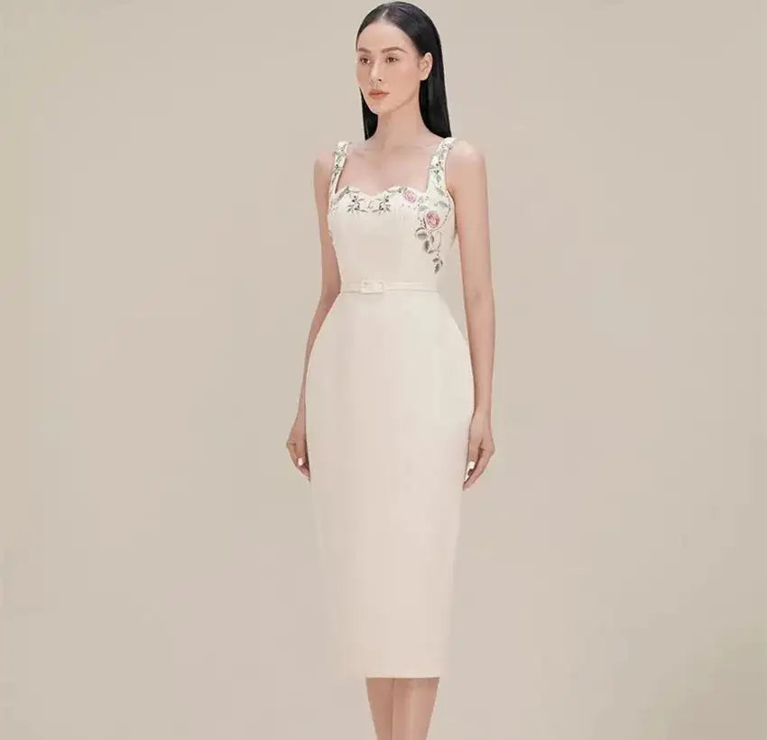Runway Autumu Spaghetti Strap Bodycon Long Dress Sexy Women's Square Collar Embroidery Flower Sleeveless Tank Party Belt Dresses