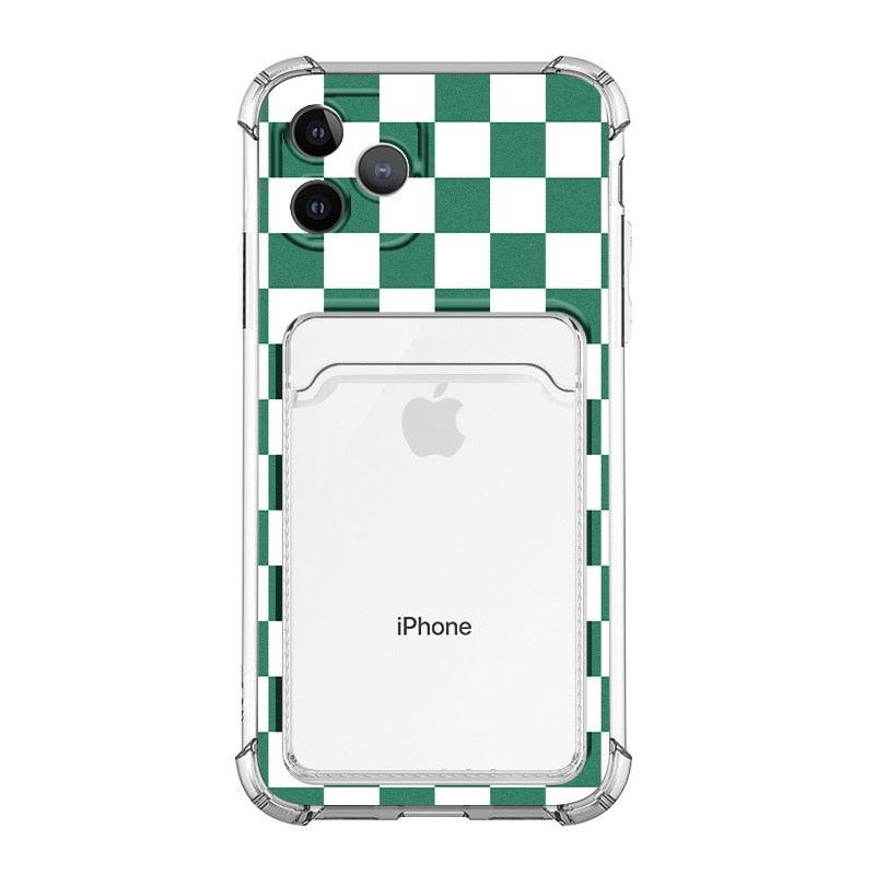 Glamorous Phone Case Shiny Transparent Card Holder Slim Soft Silicone Shockproof Case For iPhone 14 13 11 12 Pro Max 7 8 Plus Cute Green Checkerboard Clear Cover For iPhone X XR XS Shockproof Card Holder Phone Case Stevvex