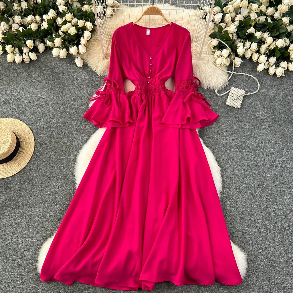 Purple/Green/Red Pleated Maxi Long Dress Women Vintage V-Neck Flare Sleeve Draped Ruffle Vestido Female Maxi Robe Summer Lootquake LLC