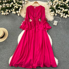 Purple/Green/Red Pleated Maxi Long Dress Women Vintage V-Neck Flare Sleeve Draped Ruffle Vestido Female Maxi Robe Summer Lootquake LLC