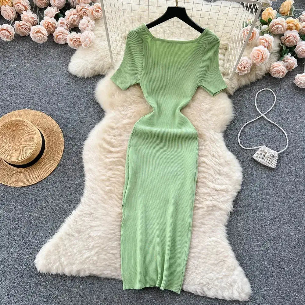 Green 2024 Sexy Summer Knit Short Sleeve Dress Women Squar Collar Waist Bodycon Sundress Female Beach  Backless Long Dress