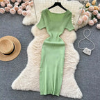 Green 2024 Sexy Summer Knit Short Sleeve Dress Women Squar Collar Waist Bodycon Sundress Female Beach  Backless Long Dress