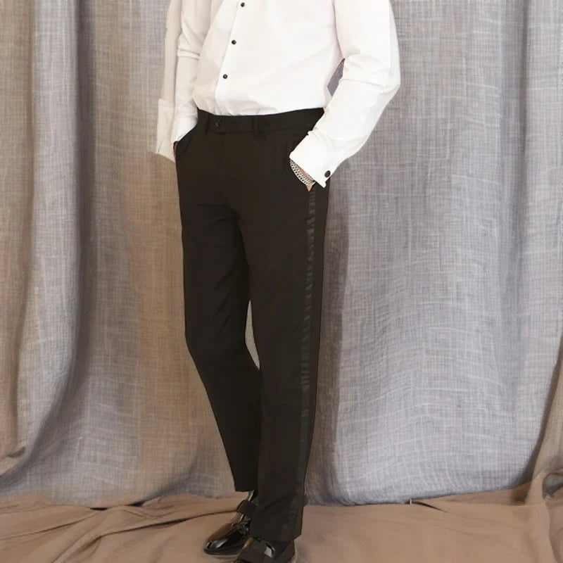 Black Men Pants with Side Satin Stripe One Piece Slim Fit Formal Male Trousers Official Fashion Lootquake LLC