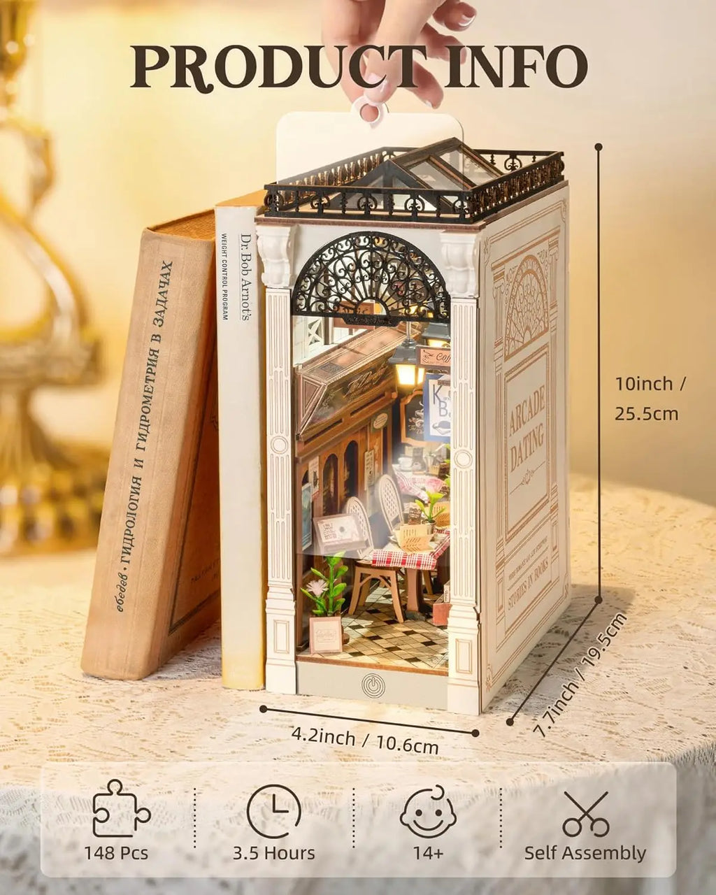 Robotime Arcade Dating Booknook with Dust Cover DIY Miniature Dolls House Kit 3D Wooden Puzzle Bookend Bookshelf Decor Gift