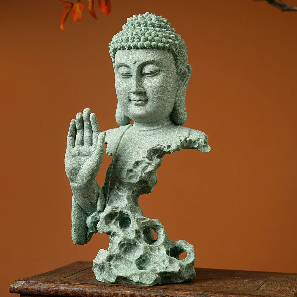 Buddhist Statue Desktop Decoration Tablescape Decoration Home Zen Statue Green Sandstone Lootquake LLC