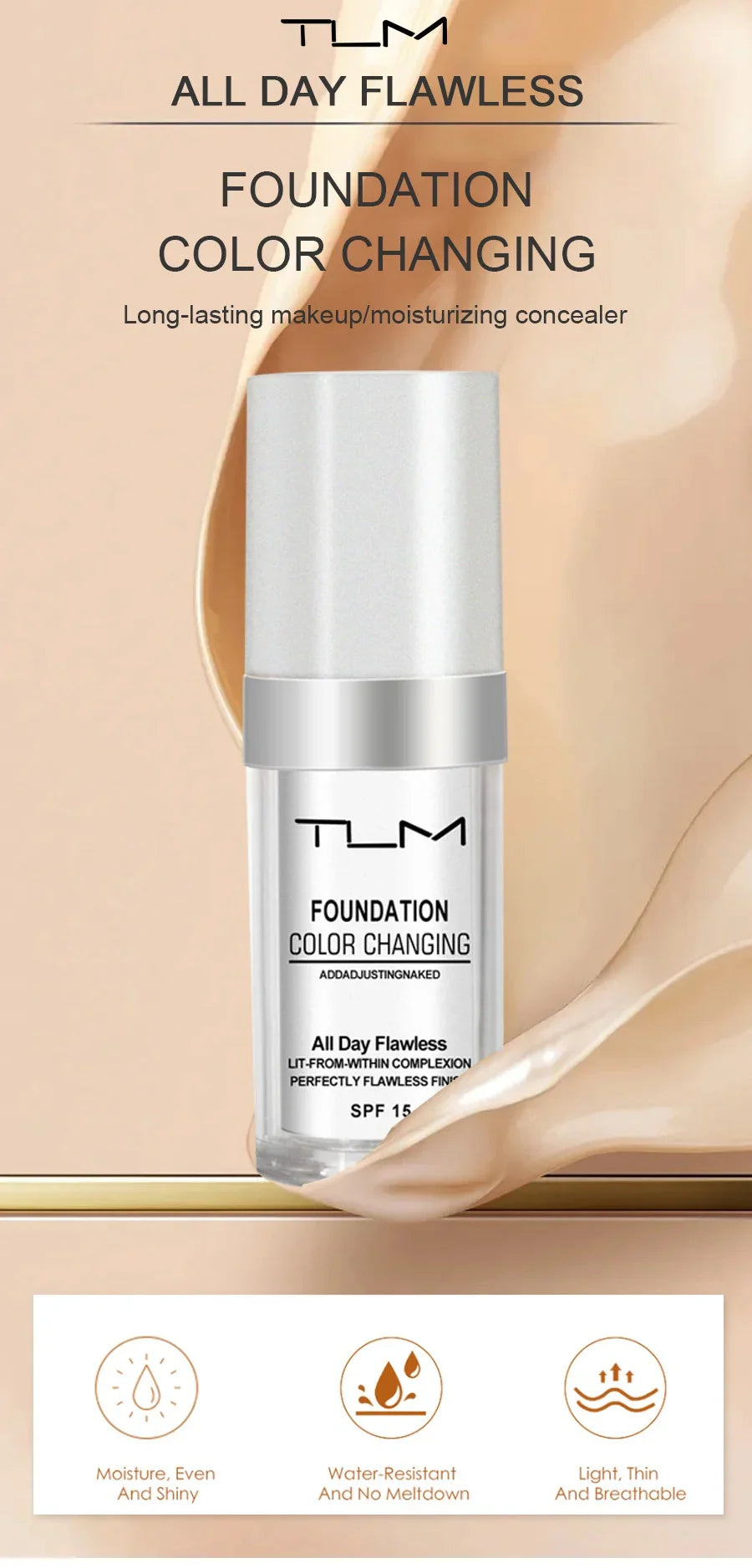 TLM TUM Liquid Foundation Cream Professional Full Coverage Face Concealer Waterproof Makeup Base Brighten Cover Dark Circles30ML Lootquake LLC