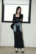 Y2K Sexy Long Sleeved Print Design Long Dress Elegant Slim Square Necked Dress Woman Street Style Wrapped Hip Skirt
