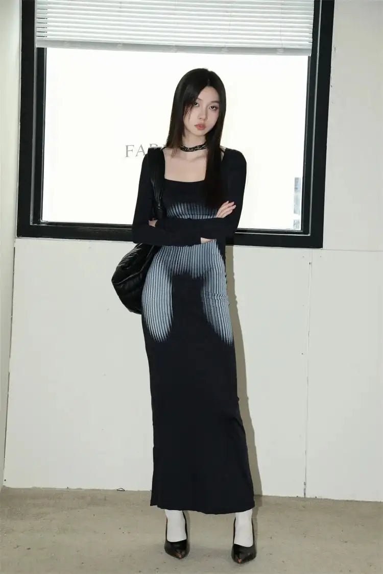 Y2K Sexy Long Sleeved Print Design Long Dress Elegant Slim Square Necked Dress Woman Street Style Wrapped Hip Skirt