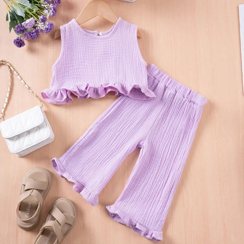 Summer Kids Cotton Casual 2pcs Toddler Girls Solid Color Sleeveless Top + Ruffle Pants Set Comfortable Fashion Hot Sale