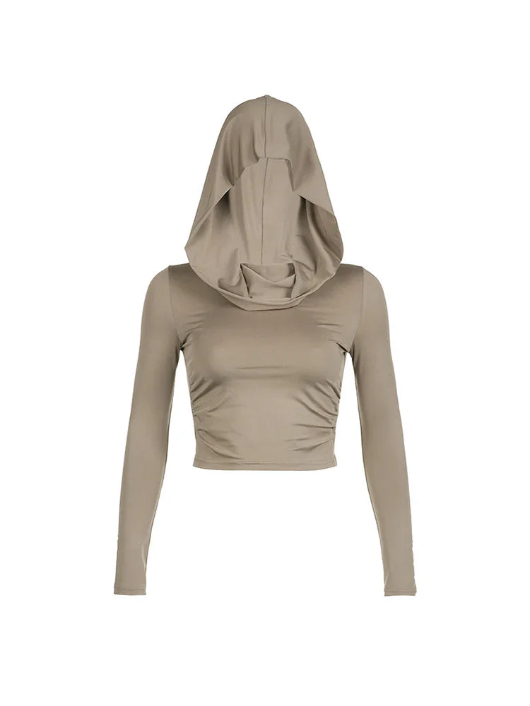 Autumn Slim Fit Hooded Crop Tee for Women THRIXINE