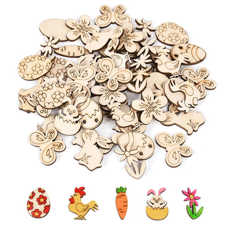 50pcs Easter Wooden Confetti Rabbit Carrot Eggs Kids Painting DIY Crafts Wood Slice 2025 Spring Easter Party Decoration For Home Lootquake LLC