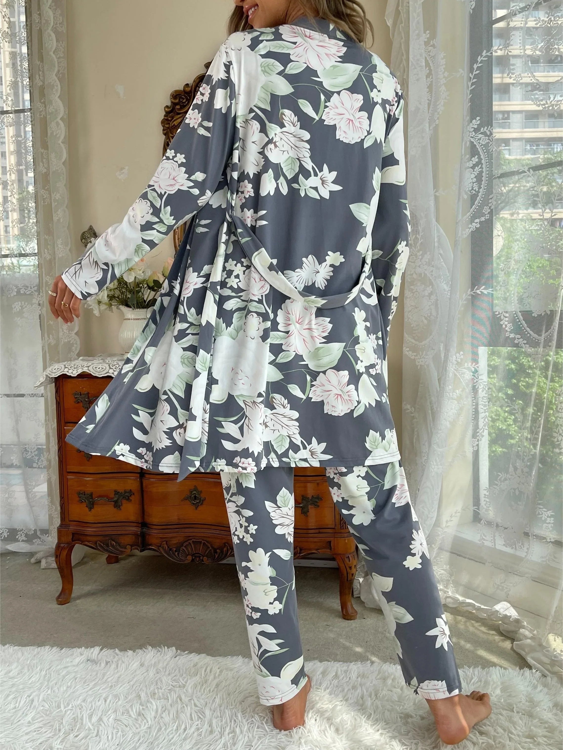 Women's Sleepwear Lounge Wear 3 Pcs Women Pajamas Set  Floral Printed Sleepwear Cami Top&Long Pants with Bathrobe Dressing Gown Lootquake LLC