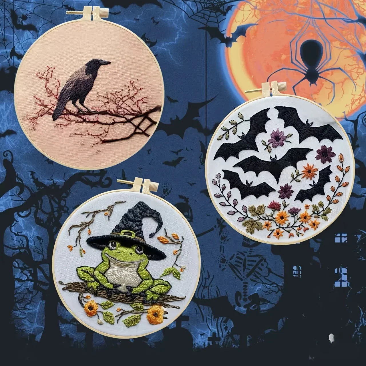 Halloween-themed pattern hand-embroidery DIY set material package, the set includes needles, threads, embroidery strips, and an Lootquake LLC