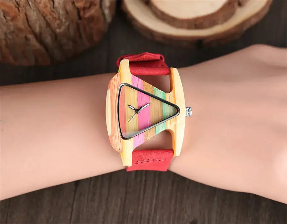 Unique Triangle Women's Wood Watch Creative Colorful Lady Green/ Red Genuine Leather Wristwatch Elegant Womens Watches Top Gifts