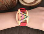 Unique Triangle Women's Wood Watch Creative Colorful Lady Green/ Red Genuine Leather Wristwatch Elegant Womens Watches Top Gifts