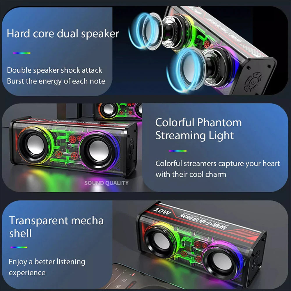 Bluetooth 5.0 Dual Speakers Wireless RGB1800mAh Transparent Mecha Speakers  Light Effect Loudspeaker Bass Subwoofer Mini Speaker Lootquake LLC