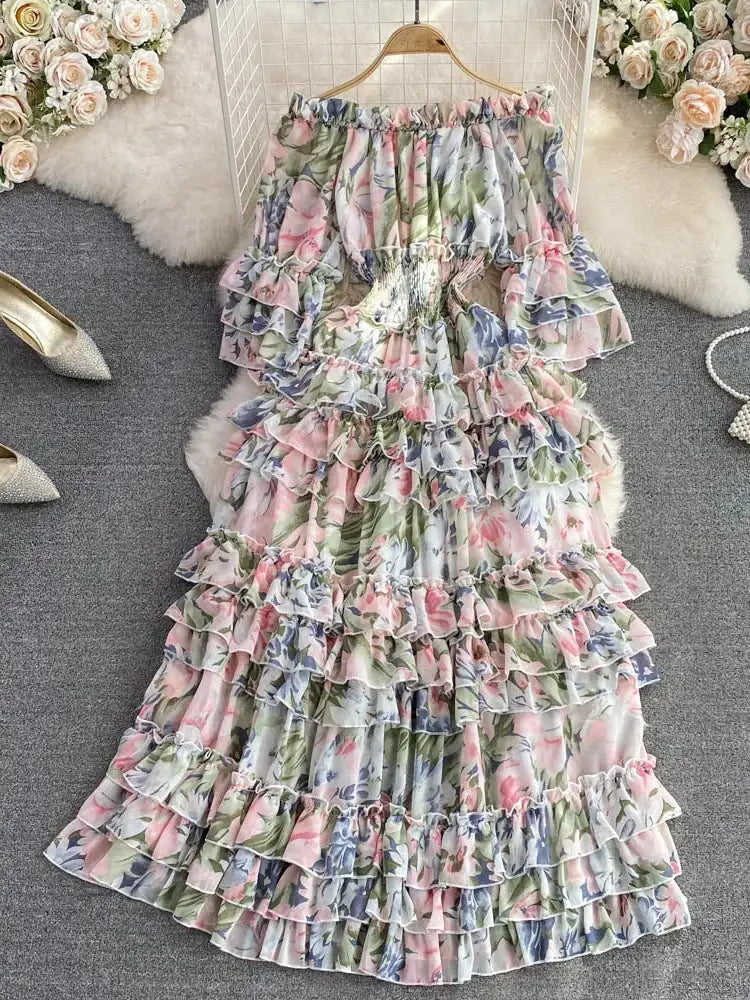 Summer New Off Shoulder  Wrap Waist to Show Thin A-line Fragmented Cake Dress Women's Beach Vacation Chiffon Long Dress GD820