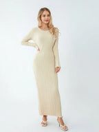 Women Spring Autumn Lace-up Knit Dress Elegant Long Sleeve Crew Neck Ribbed Solid Color Long Dress Streetwear