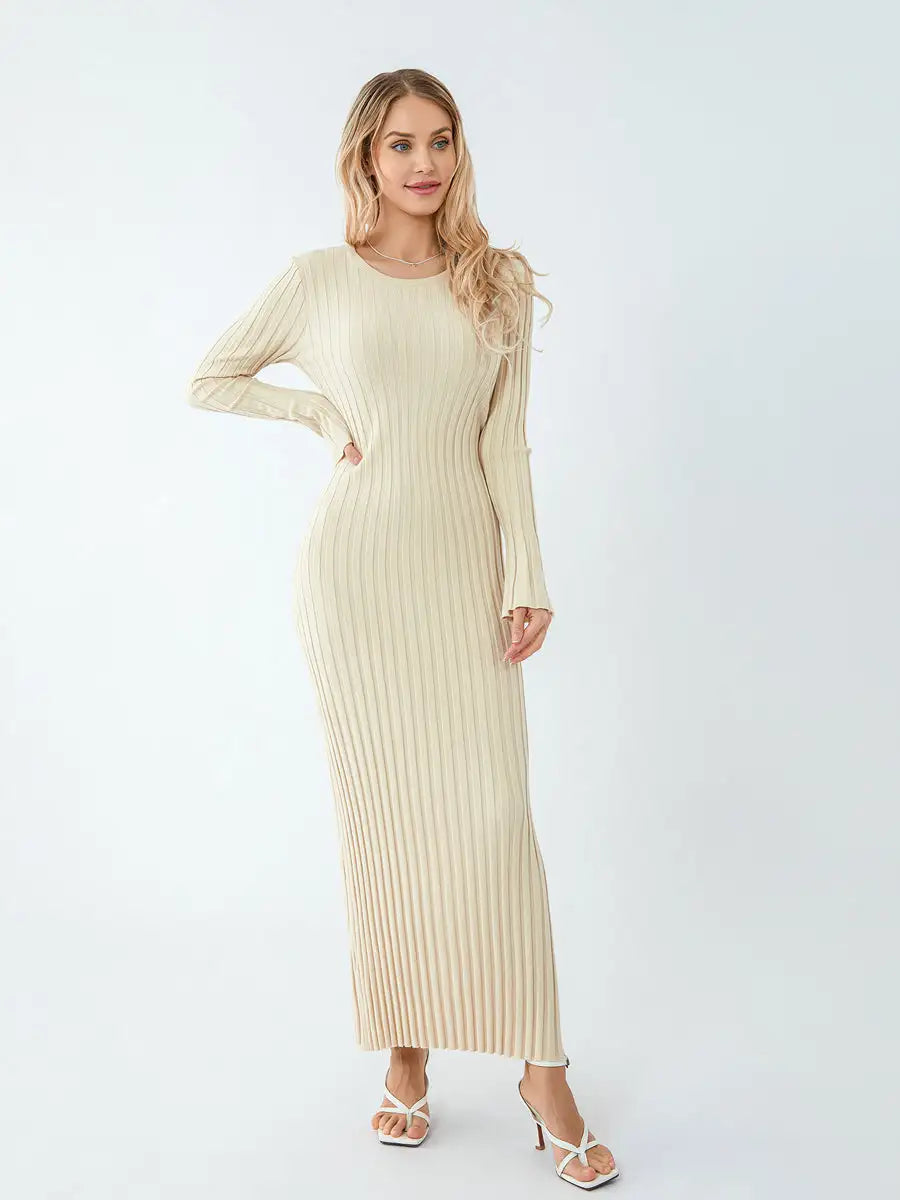 Women Spring Autumn Lace-up Knit Dress Elegant Long Sleeve Crew Neck Ribbed Solid Color Long Dress Streetwear