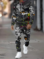 The new men's hoodie set for Spring and Autumn 2025 features a casual fashionable and comfortable 3D graffiti pattern print Pi-Mart